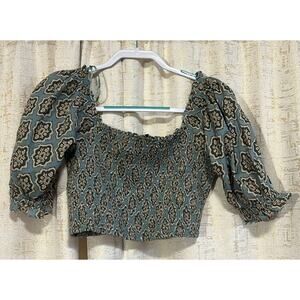 NWOT Zara Printed Crop Top Puff Sleeves Green Multi Abstract Women's Size Medium